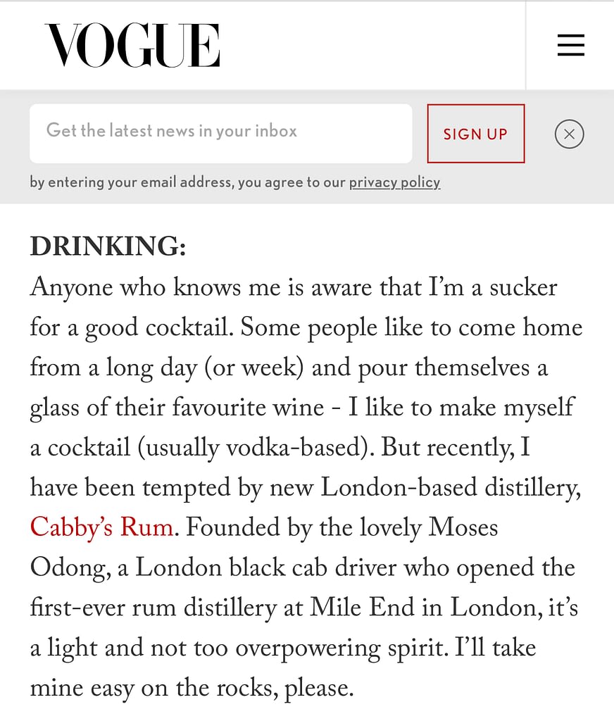 Vogue Cabby's Rum Article